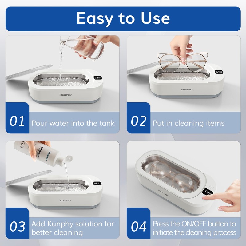 Upgraded KUNPHY Ultrasonic Jewelry Cleaner with 50ml Solution, 48KHZ, 12OZ