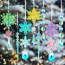 Vercraft 24 Pcs Crystal Christmas Ornaments for Tree Iridescence Snowflake Acrylic Winter Hanging Ornaments 8 Styles Snowflake Icicle Drop Pendants for Wonderland Indoor Decoration(Colorful Pastel)