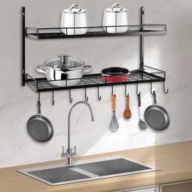 GXFCHYL 2 Tiers Hanging Pot Rack Pot and Pan Organizer with 10 Hooks Pot Rack Wall Mounted Kitchen Shelves Wall Mounted Hanging Rack,Ideal for Pans Set,Utensils,Cookware,Householdpot rack