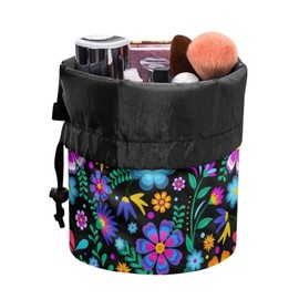 Poceacles Hippie Flower Violet Black Makeup Bag for Women, Foldable Drawstring Cosmetic Pouch Portable Handbag Bucket Toiletry Case Organizer Travel Accessories
