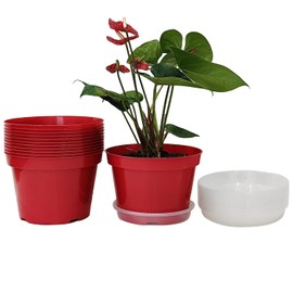 RooTrimmer 8 inch Plastic Flower Pots, Red Plant Pots 12Pack with Saucers for Indoor House Plants Growing and Decoration