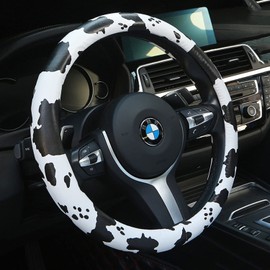 Dotesy Leather Cow Pattern Steering Wheel Cover Protector Cow Print Car Accessories Anti Slip Universal for 36.5-38cm (Black White)