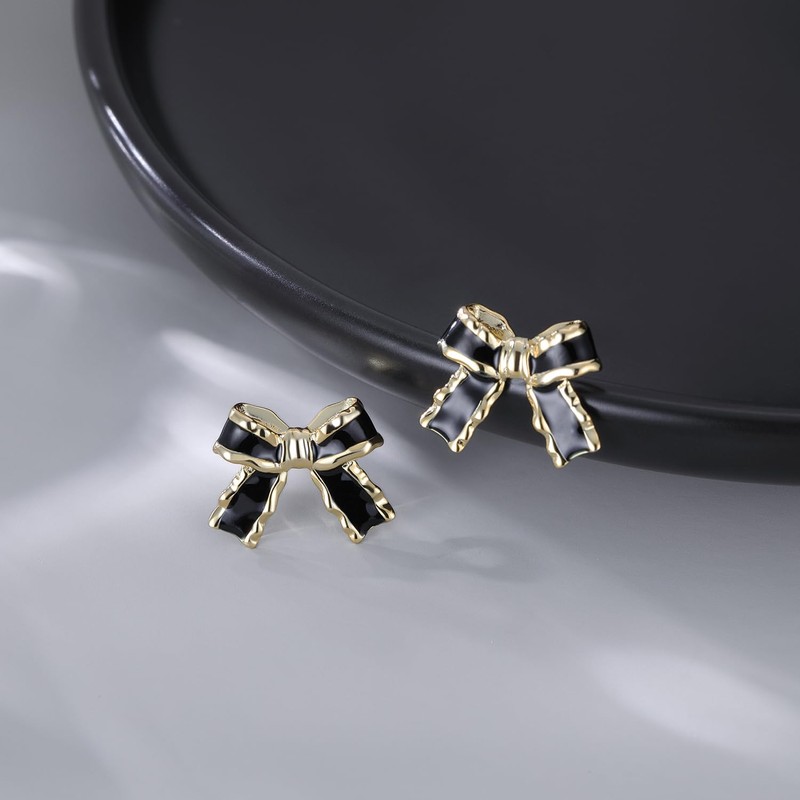 SLUYNZ Solid 925 Sterling Silver Black Bow Stud Earrings for