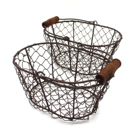 CVHOMEDECO. Metal Wire Small Egg Baskets Rust Fruit Baskets with Wooden Handle Country Vintage Style Storage Baskets. Set of 2