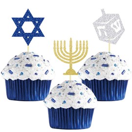 24Pcs Hanukkah Cupcake Toppers, Candlestick Hexagram Decorations for Hanukkah Party Decoration Supplies