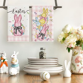 Artoid Mode Pink Buffalo Plaid Bunny Easter Kitchen Towels Dish Towels, 18x26 Inch Spring Farmhouse Bow Decoration Hand Towels Set of 2