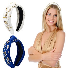 Framendino, 2 Pack Football Knotted Headband Rhinestone Pearl Top Knot Headhoop Wide Head Band with Sport Charms for Women