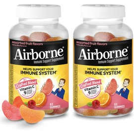 Airborne 750mg Vitamin C Gummies for Adults, Immune Support Gummies with Powerful Antioxidants VIT C & E, Caffeine Free - 2x63ct Bottle (42 Servings), Assorted Fruit Flavor