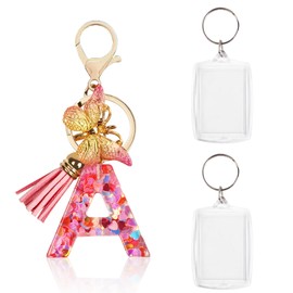 NVGVUP Alphabet Initial Letter Keychain, Tassel Butterfly Pendant Keyring, Pink Resin Cute Key Chain for Women Girls Purse Handbag Charm, with 2 Double Sided Blank Photo Keyring (A)
