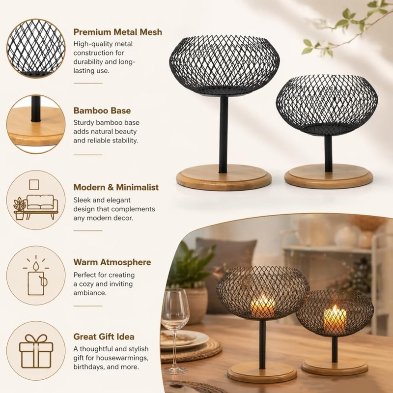 Modern Metal Candle Holders Set of 2, Elegant Black &