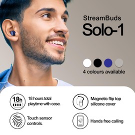 MIXX StreamBuds Solo 1 True Wireless Earbuds – Bluetooth 5.1 with 18 Hour Total Playtime, Quick Charge, Touch Controls, Built-in Mic, Custom Fit Ear Cushions, Voice Assistant Compatible - Black