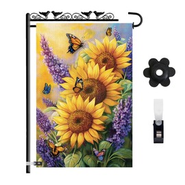 Spring Summer Sunflower Garden Flag 12x18 Double Sided Burlap Yard Flag for Outside with Clip & Stopper – Butterfly Floral Garden Flag Seasonal Yard Flag for Outside Decor House, Lawn & Porch