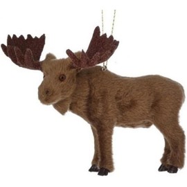 The Bridge Collection Furry Moose Hanging Ornament - Brown Bull Moose with Faux Fur & Big Antlers Lodge Animal Christmas Ornament