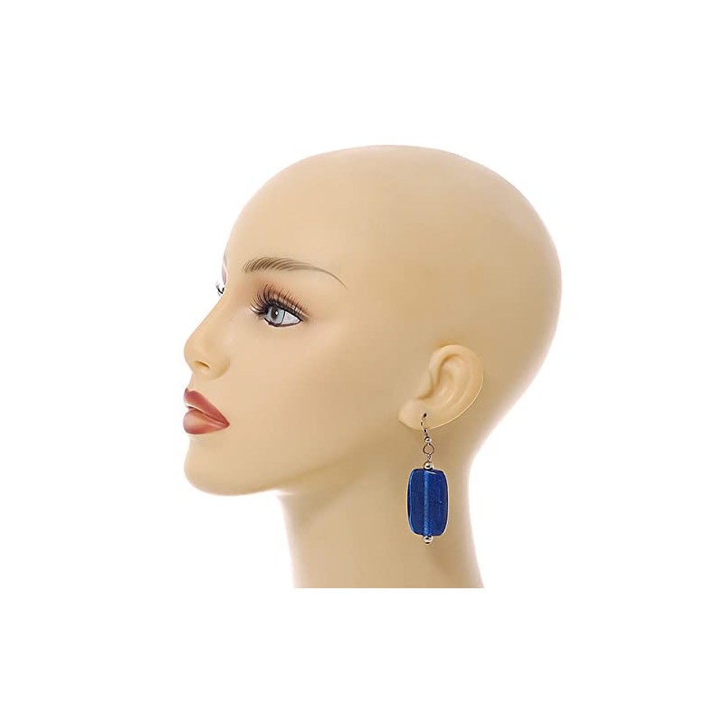 Navy Blue Square Glass Drop Earrings - 6cm Long
