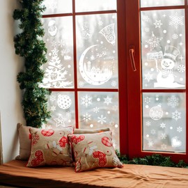 Joeyan 9 Stück Fensterbilder Weihnachten Schneeflocken Selbstklebend, Weiß Fensterdeko Weihnachts, Fensteraufkleber Wiederverwendbar,Fenstersticker mit Häuser Kugeln für Winter Weihnachtsdeko (202pcs)