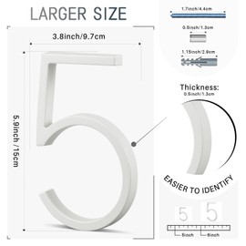 VONDERSO 6 Inch Floating House Numbers for Outside, Modern White Metal Address Number 5, Stain-Resistant and Weather-Resistant White Crystal Powder-Coated Finish, No Fading