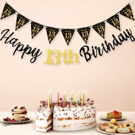 MAGLAUG 13th Birthday Decorations Banner Boys Girls, Black Gold Happy13th Birthday Banners for Girls Boys 13th Birthdays Banner Party Decorations (Birthday13th)