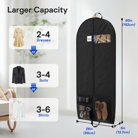1 Pack Heavy Duty Garment Bags for Travel Suit Bags, Dress Bags, Garment Bags for Hanging Clothes with Pockets Men's Suit Holder for Shirts, Coats, Dresses (Black, 1Pack60")