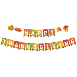 PTFNY Happy Thanksgiving Banner Thanksgiving Banner Garland with Maple Leaves Turkey Pumpkin Signs for Fall Thanksgiving Day Party Decorations Friendsgiving Party Supplies