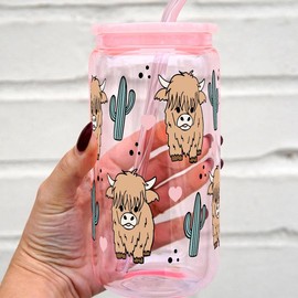 Sip-Sip Hooray! 40oz OR 32oz  Highland Cow & Cactus Glass Tumbler – Cute Cup with Handle, Lid & Straw, Highland Cow Lover Gift, Reusable Aesthetic Drinkware:_Pink with Pink Lid and Pink Straw