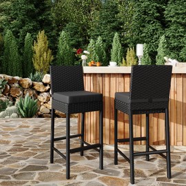 Patio Wicker Barstools With Cushions, Outdoor Wicker Bar Stools Set of 2, Outdoor Rattan Bar Height Stool Set Armless for Backyard, Poolside