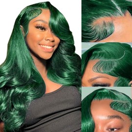 haha 13x6 Lace Front Green Human Hair Blend Wig 30 Inch Body Wave Dark Green Wig Human Hair Transparent HD Lace Frontal 13x6 Glueless Pre Plucked With Baby Hair 180% Density