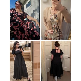 Lyrur Floral Dresses for Women 2024 Square Neck Flutter Sleeve Tie Back Smocked Maxi Dress for Tea Party(XL,7016-Black Pink Floral)