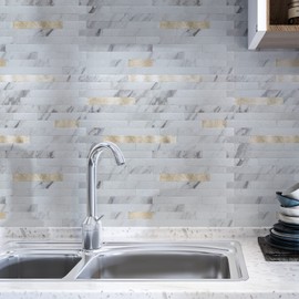 LONGKING 10-Sheet Peel and Stick Backsplash Tile, PVC Stick on Tile for Kitchen, Bathroom Vanities, Fireplace Décor - White Marble Interspersed with Metal Gold