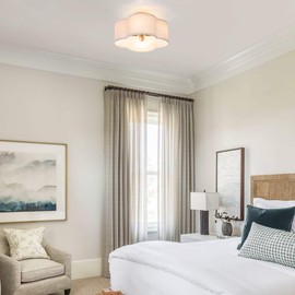 Modern Flush Mount Ceiling Light Fixture Farmhouse White Fabric Semi Ceiling Lamps with Gold 4 Lights Drum Shade for Bedroom Dining Room Entryway Hallway Nursery