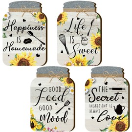 Qunclay 4 Pcs Kitchen Wall Decor Mason Jar Wooden Rustic Home Decor Sumer Kitchen Signs Rustic Farmhouse Decorations Wall Art Hanging Plaque, 6 x 4 Inch(Sunflower)