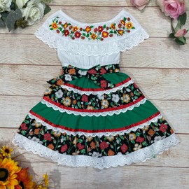 Girls’ Mexican Traditional Floral Dress with Lace and Embroidery for Cinco De Mayo and Fiestas, Green, Size 12