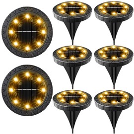 Solar Powered 8 Pack Outdoor LED Disk Lights - IP68 Waterproof, Non-Slip, Wear-Resistant Pathway Lights (Warm White)