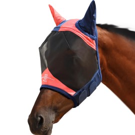 Harrison Howard Pro Luminous Horse Fly Mask Large Eye Space Half Face with Ears UV Protection for Horse Coral Orange/Navy L