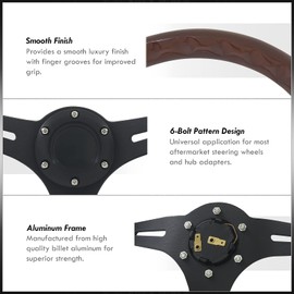 AJP Distributors Universal 350mm 14" Classic Wood Grain Style 6 Bolts Holes Steering Wheel w/Horn Button, JDM VIP Light Weight Deep Dish 3 Spoke Dark Brown Wood Trim w/Black Aluminum Center