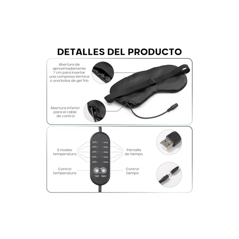 Antifaz Termico para Ojos USB con 5 Niveles de Temperatura,