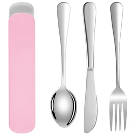 DOETYD Travel Cutlery Set 3 PCS Stainless Cutlery with Portable Pouch Case Reusable Cutlery Set for Camping Travel Picnic School Office Lunch (Pink)