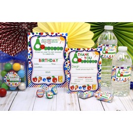 Amanda Creation Deluxe Happy Hungry Caterpillar Birthday Party Bundle Includes 20 Invitations & Thank You Cards with Envelopes + 3 Different Sizes of Stickers & Water Bottle Labels!