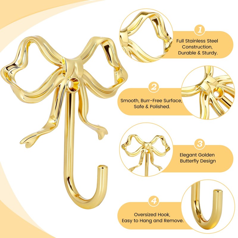 EIPTLOS Large Golden Bow Wall Hook - 2PCS Heavy Duty