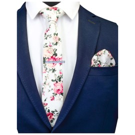 Gusleson Mens Creamy-white Tie Slim Floral Ties for Men Skinny Cotton Necktie and Pocket Square Sets (UK0941-09)