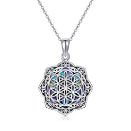 DAYLINLOVE Flower of Life Necklace S925 Sterling Silver Abalone Shell Flower of Life Necklaces Sri Yantra Pendant Jewellery Gifts for Women Men Women, Sterling Silver, No Gemstone