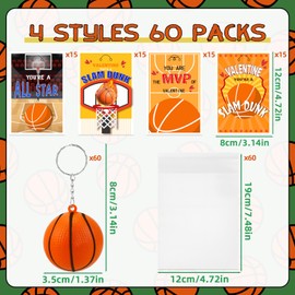 JMUQ 60 Pack Valentine's Day Sports Gift Cards with Basketball Keychains Valentine's Day Cards Stress Ball Keychains for School Classroom Exchange Gifts Classroom Prizes Valentine's Day Party Favors