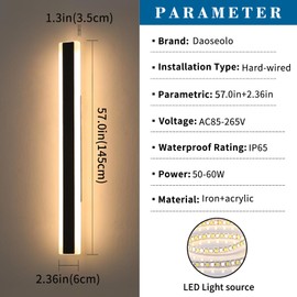 Daoseolo Modern Outdoor Wall Lights, 57inch Long Linear LED Wall Sconce, 3000K Warm White, IP65 Waterproof, 50W, Minimalist Lamp Black Exterior Lighting Fixture for Porch, Garden, Bathroom
