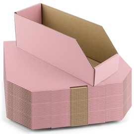 Golden State Art, 12x4x4.5 Cardboard Storage Bins, 30 Pack Corrugated Open Top Bin Box for Shelves Garage Office Warehouse Organization, Pink