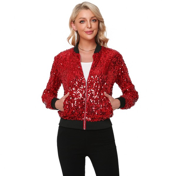THANKPEARL Womens Sequin Jacket Long Sleeve Zipper with Pockets Casual