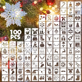 100 Pcs Stencils for Painting on Wood Reusable Stencil Crafts Drawing Templates Holiday Stencils Wall Paper Stencil Set for DIY Art Scrapbook Home Decor 1.5 x 1.5 Inch (Christmas)