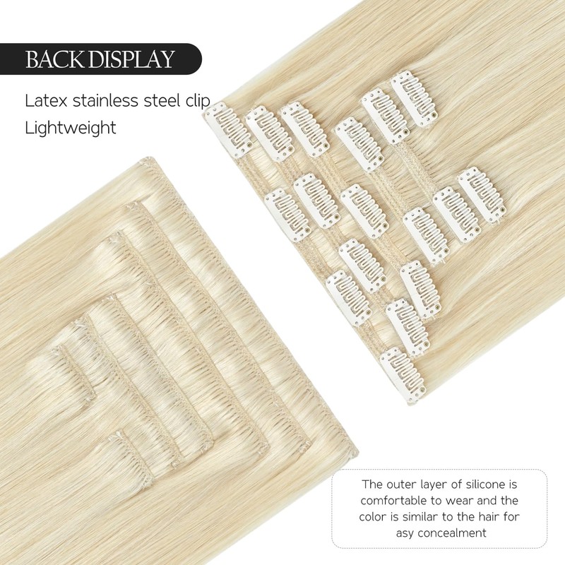 HUAYI Platinum Blonde Clip in Hair Extensions Real Human Hair