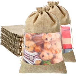 Hahafelt 6 Pcs 16x24 Inch Large Linen Burlap Organza Gift Bag with Sheer Window Flaxen Organza Mesh Pouch Bags with Drawstring for Wedding Gifts Party Favors Cosmetic Samples Perfume