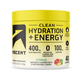 Ascent Clean Hydration + Energy Electrolytes Powder - 100mg Caffeine, 400mg Electrolytes, No Artificial Ingredients, Citrus 40 Servings