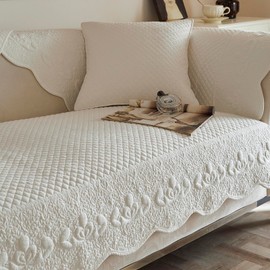 vctops White Cotton Quilted Embroidered Couch Cover Shabby Chic Sofa Cover Non-Slip Soft Sofa Slipcover Washable Furniture Protector (White,36"x70")