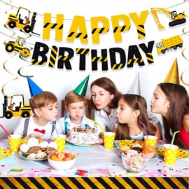 Pre-Strung Construction Happy Birthday Banner and Vehicle Truck Garland,Construction Car Truck Birthday Party Supplies,Construction Pennant Banner Hanging Swirl Party Decor for Kids Boys Baby Shower